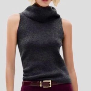 🆕NWT MANGO Sleeveless Turtleneck Knitted Top in Charcoal size L